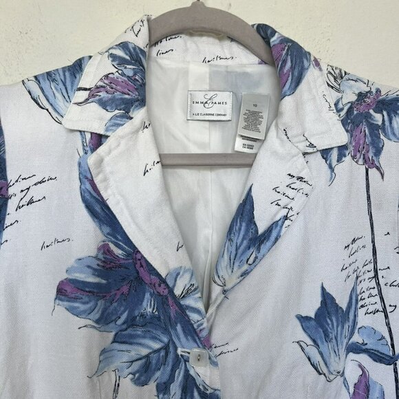 Emma James Off-White Floral Collared Button Front 3/4 Sleeve Linen Blazer Jacket - Picture 6 of 11